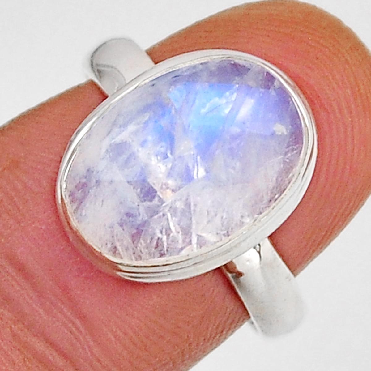 Faceted Oval Rainbow Moonstone Ring - Size 7