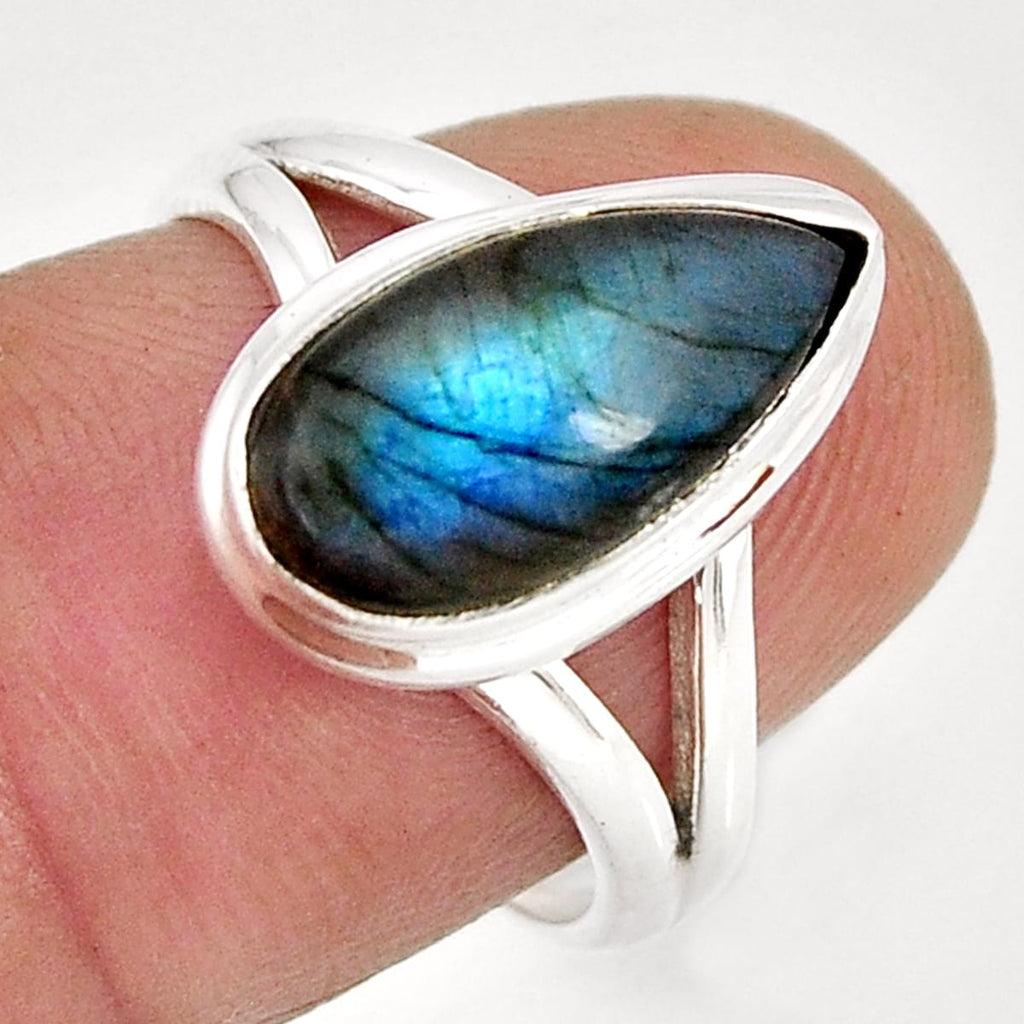 Sterling Silver Blue Fire Labradorite Teardrop Ring - Size 7 / N