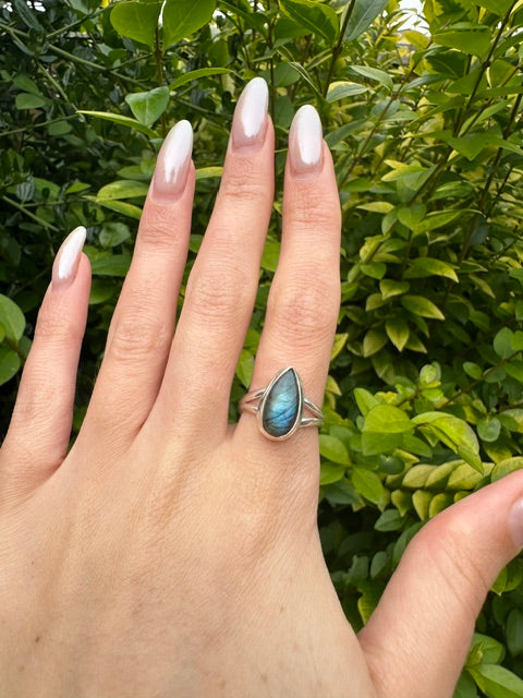 Sterling Silver Blue Fire Labradorite Teardrop Ring - Size 7 / N