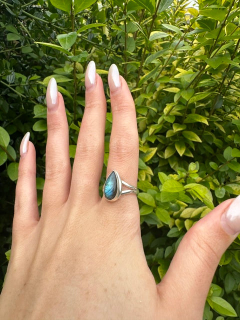 Sterling Silver Blue Fire Labradorite Teardrop Ring - Size 7 / N