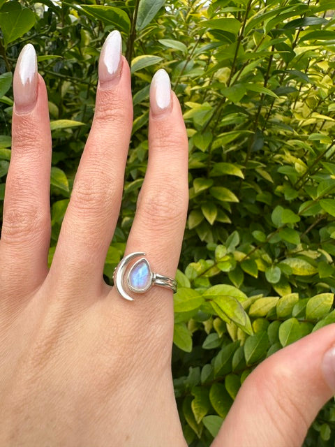 Sterling Silver Moonstone Moon Ring - 2 Sizes