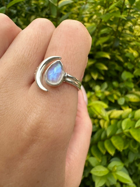 Sterling Silver Moonstone Moon Ring - 2 Sizes