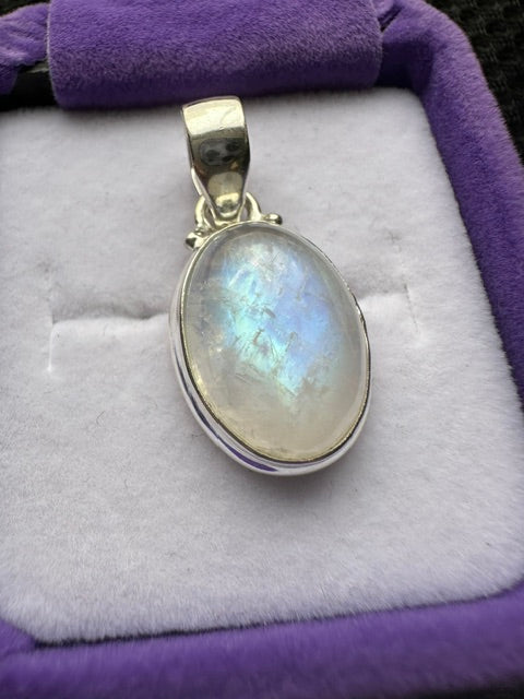 Sterling Silver Oval Rainbow Moonstone Pendant - Small