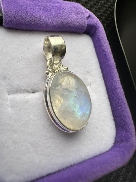Sterling Silver Oval Rainbow Moonstone Pendant - Small