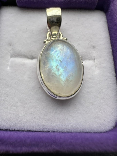 Sterling Silver Oval Rainbow Moonstone Pendant - Small