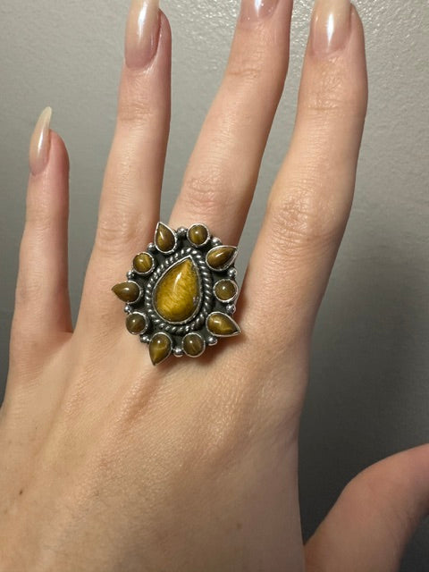 Tiger's Eye Boho Statement Sterling Silver Adjustable Ring - The Guardian
