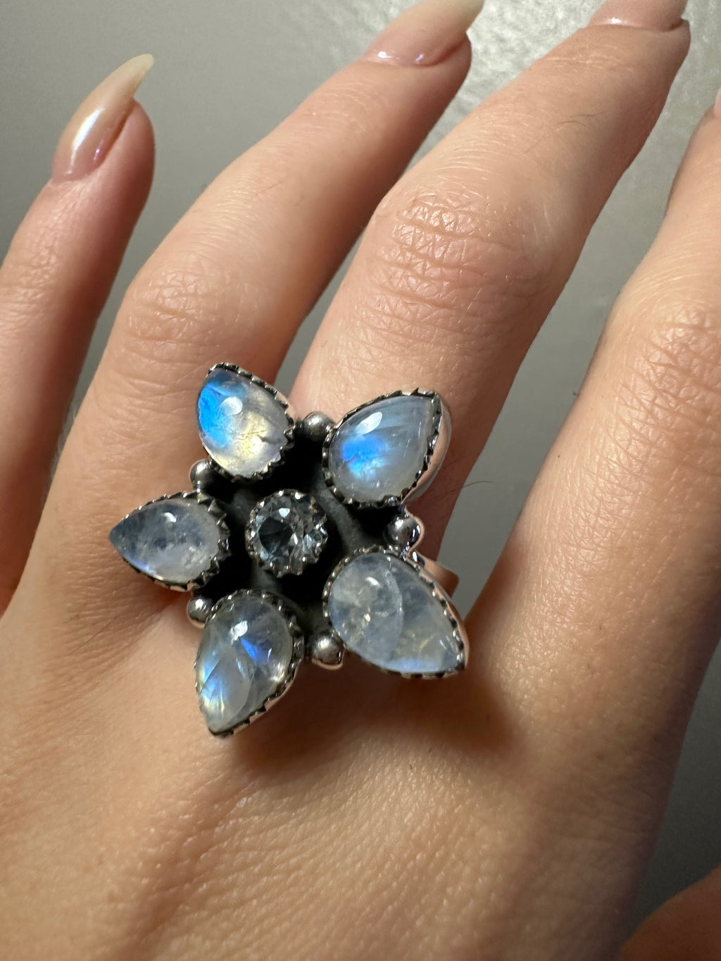 Blue Fire Moonstone and Blue Topaz Ring - Adjustable