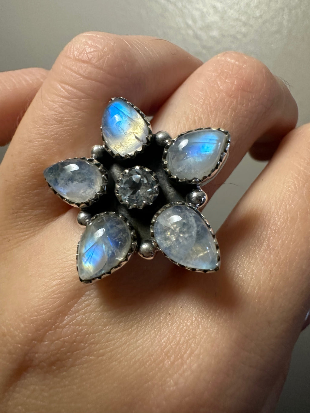 Blue Fire Moonstone and Blue Topaz Ring - Adjustable