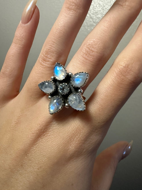 Blue Fire Moonstone and Blue Topaz Ring - Adjustable