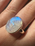 Faceted Oval Rainbow Moonstone Ring - Size 7