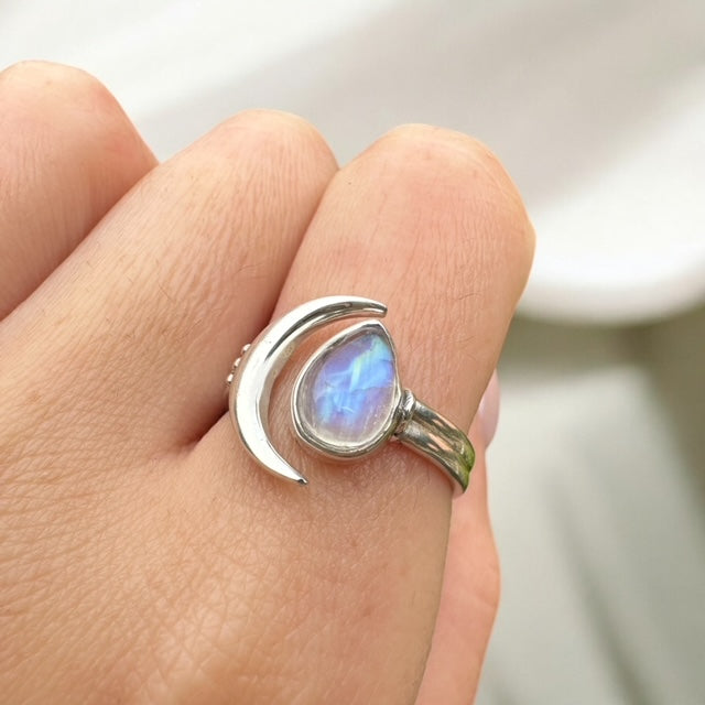 Sterling Silver Moonstone Moon Ring - 2 Sizes