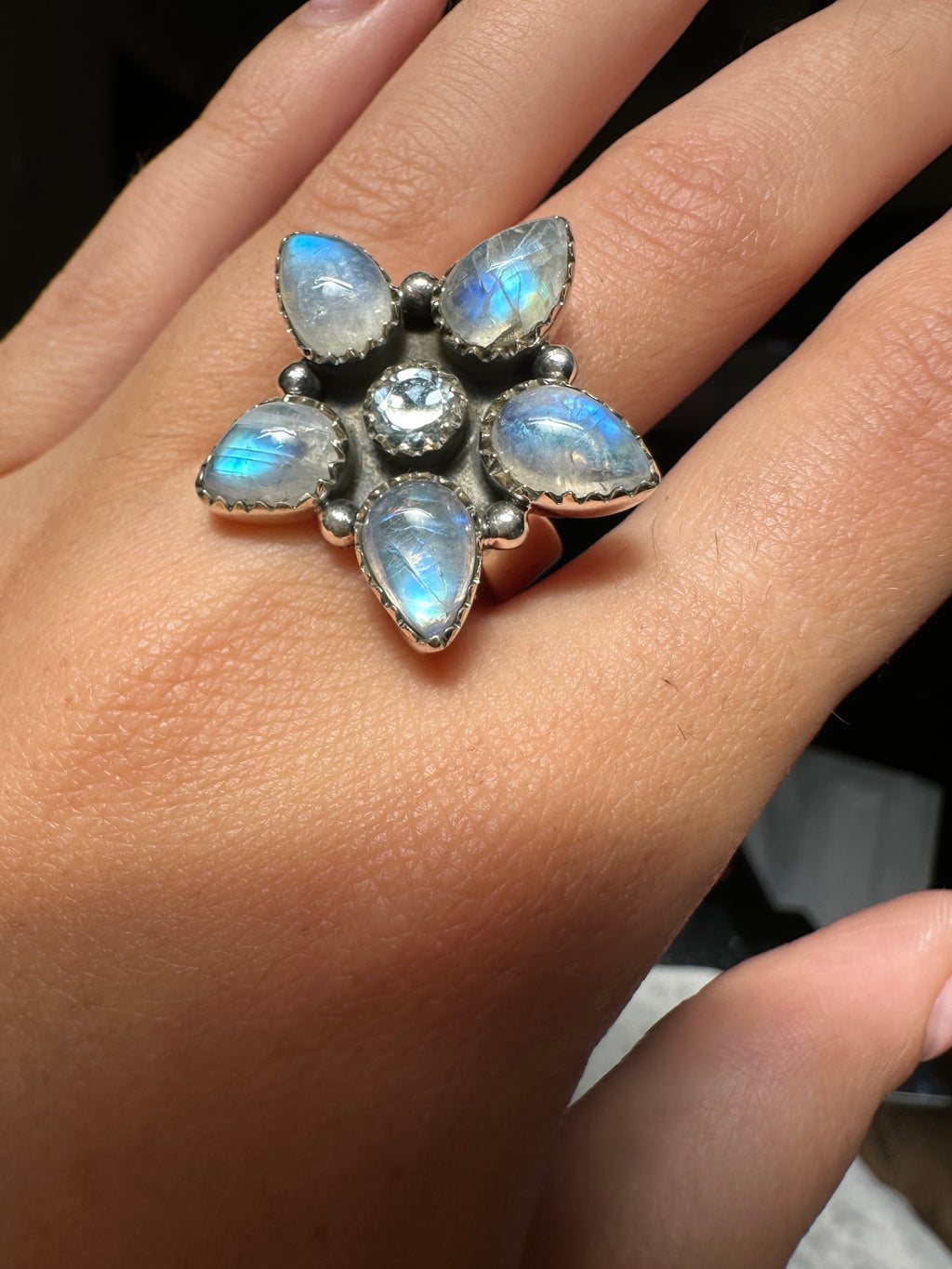 Blue Fire Moonstone and Blue Topaz Ring - Adjustable