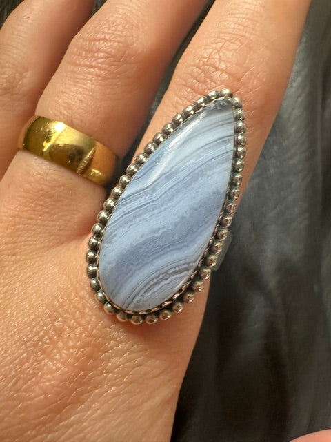 Blue Lace Agate Sterling Silver Ring - Adjustable