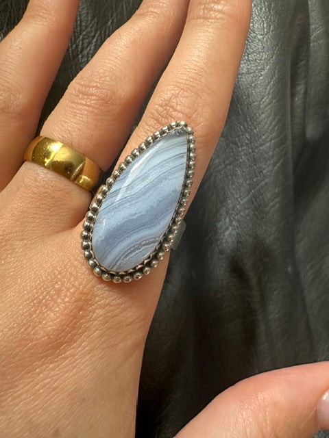 Blue Lace Agate Sterling Silver Ring - Adjustable