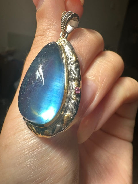 HQ Aquamarine Teardrop Sterling Silver 18k Gold Plated Pendant