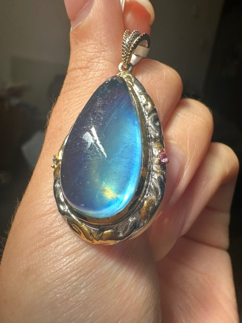 HQ Aquamarine Teardrop Sterling Silver 18k Gold Plated Pendant