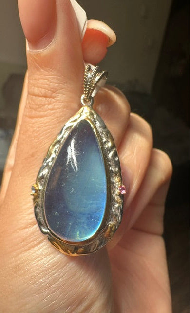 HQ Aquamarine Teardrop Sterling Silver 18k Gold Plated Pendant