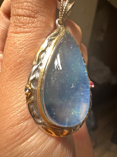 HQ Aquamarine Teardrop Sterling Silver 18k Gold Plated Pendant