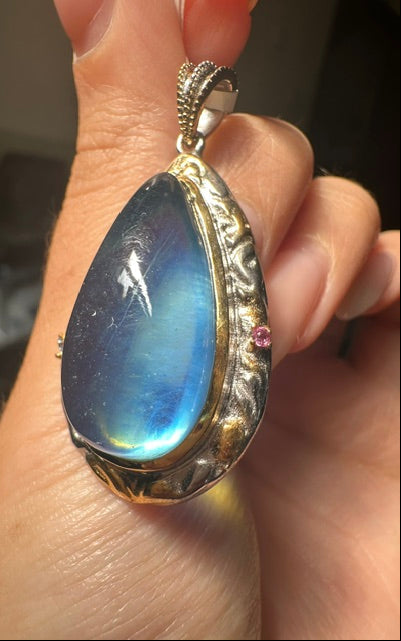 HQ Aquamarine Teardrop Sterling Silver 18k Gold Plated Pendant