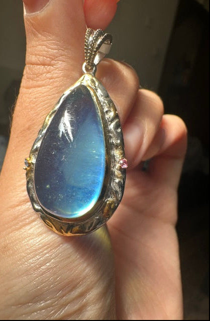 HQ Aquamarine Teardrop Sterling Silver 18k Gold Plated Pendant