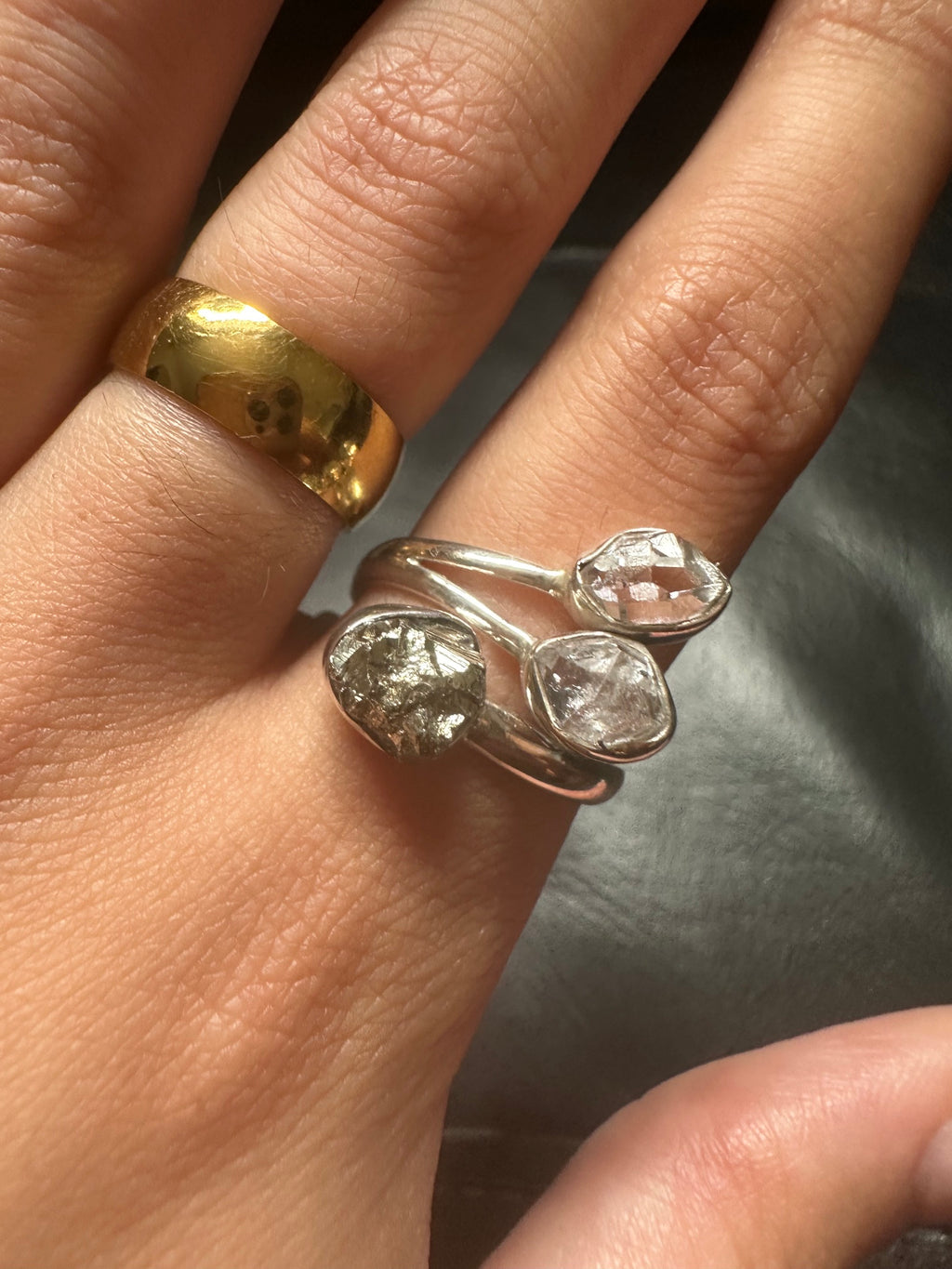 Pyrite & Herkimer Diamond Triple Ring - Multiple Sizes
