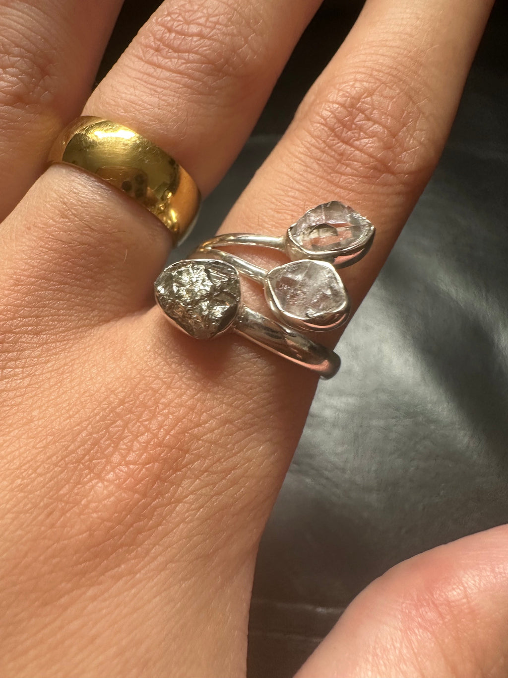 Pyrite & Herkimer Diamond Triple Ring - Multiple Sizes