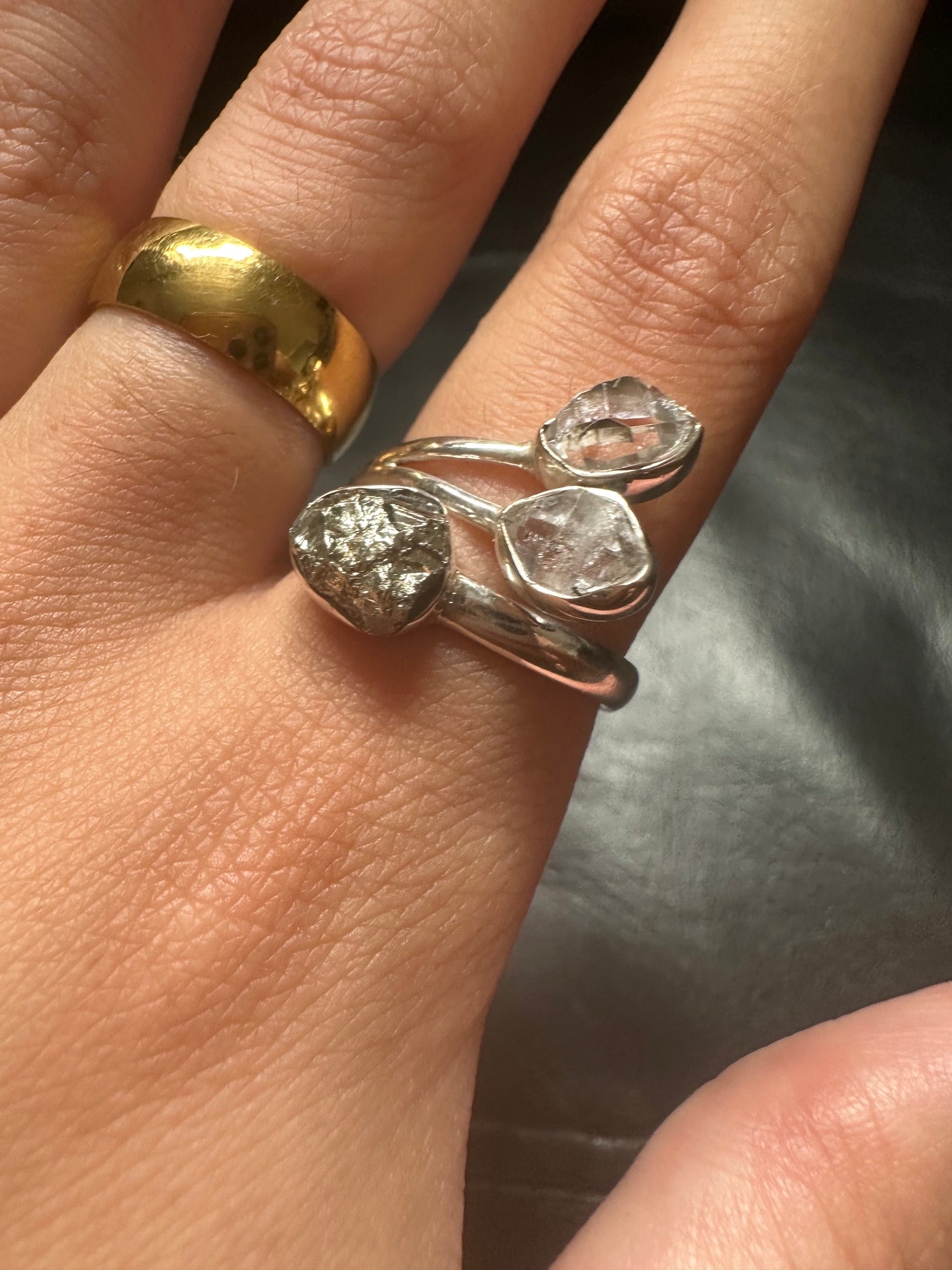 Pyrite & Herkimer Diamond Triple Ring - Multiple Sizes