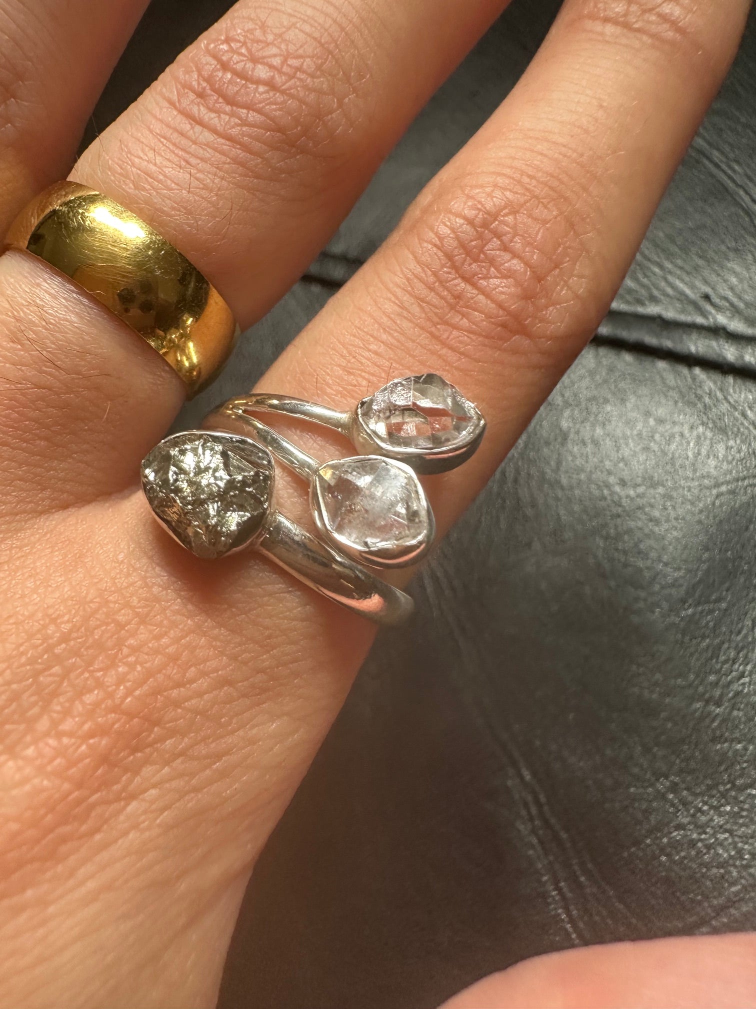 Pyrite & Herkimer Diamond Triple Ring - Multiple Sizes