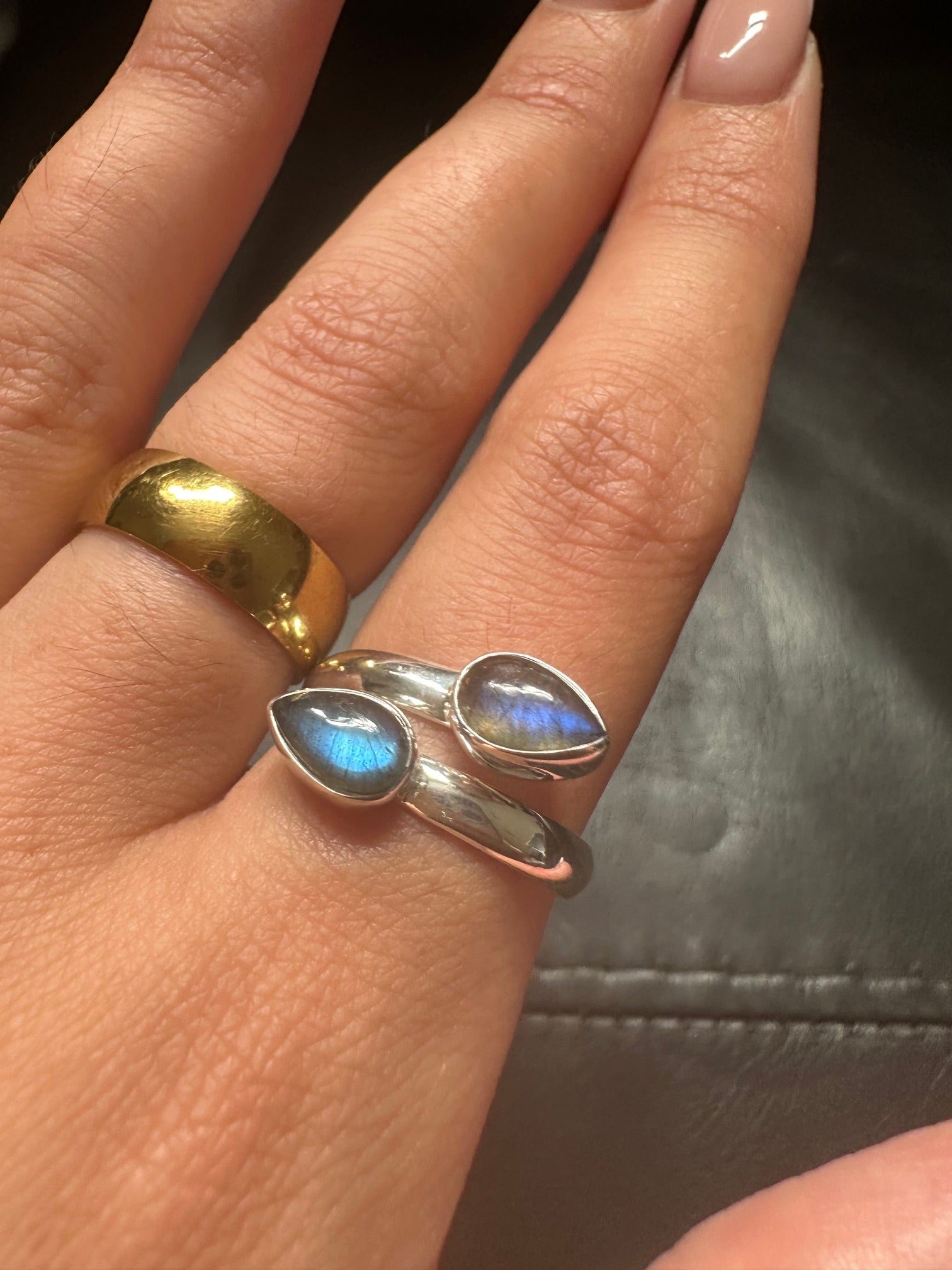 Labradorite Double Teardrop Sterling Silver Ring - Multiple Sizes