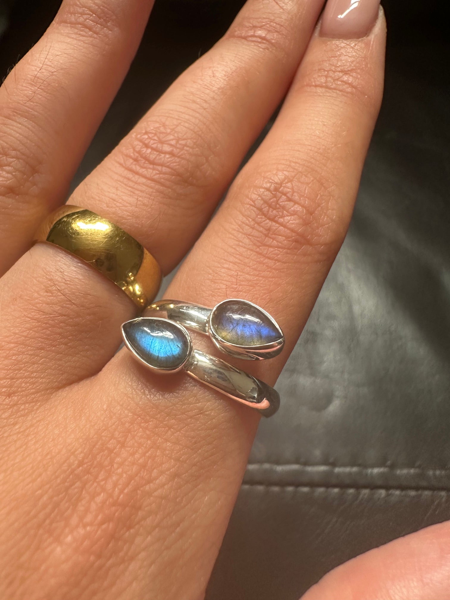 Labradorite Double Teardrop Sterling Silver Ring - Multiple Sizes