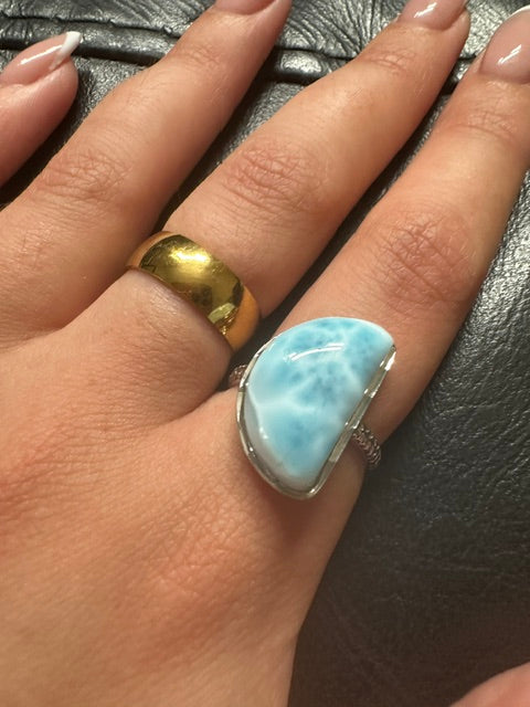 Larimar Sterling Silver Moon Ring - Adjustable