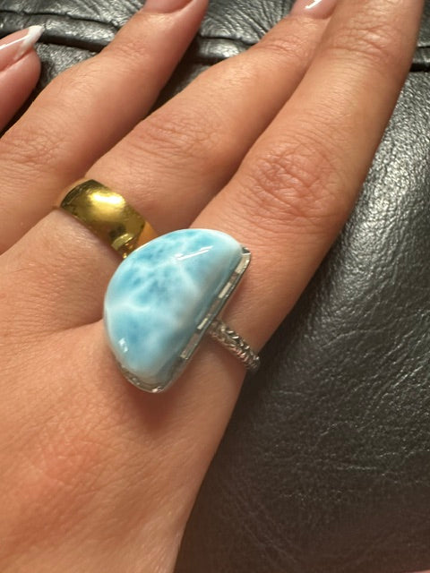 Larimar Sterling Silver Moon Ring - Adjustable
