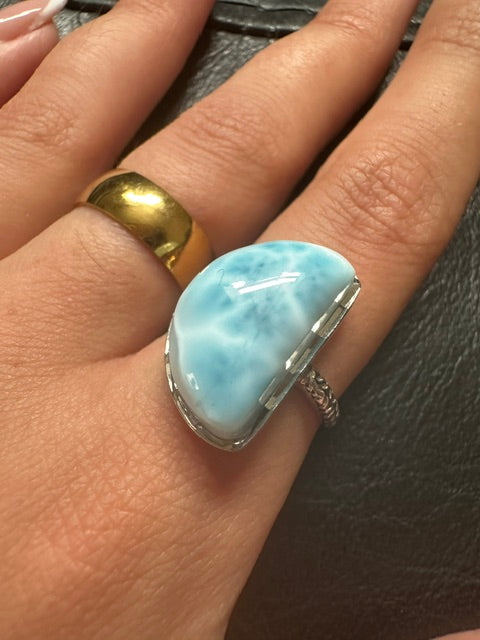 Larimar Sterling Silver Moon Ring - Adjustable
