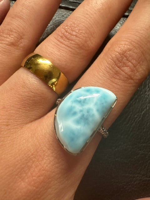 Larimar Sterling Silver Moon Ring - Adjustable