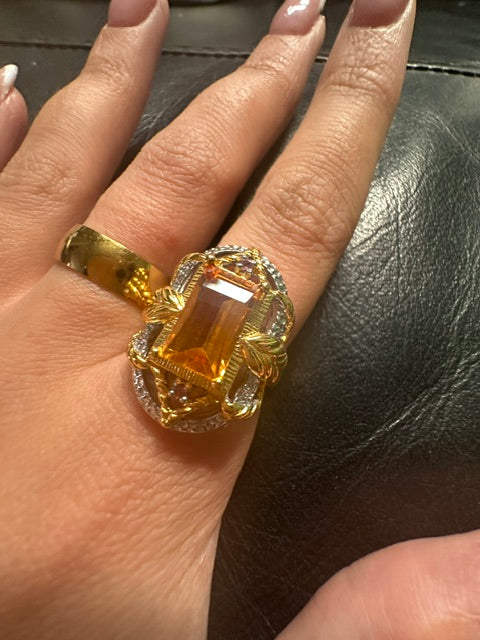 HQ Citrine Sterling Silver 18k Gold Plated Ring - Adjustable