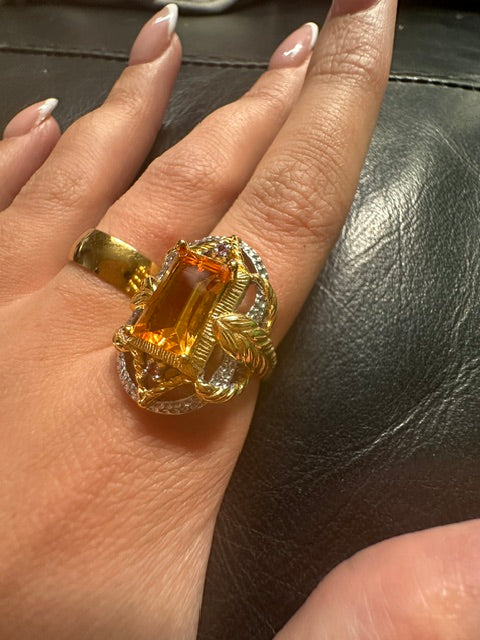 HQ Citrine Sterling Silver 18k Gold Plated Ring - Adjustable