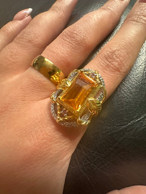 HQ Citrine Sterling Silver 18k Gold Plated Ring - Adjustable