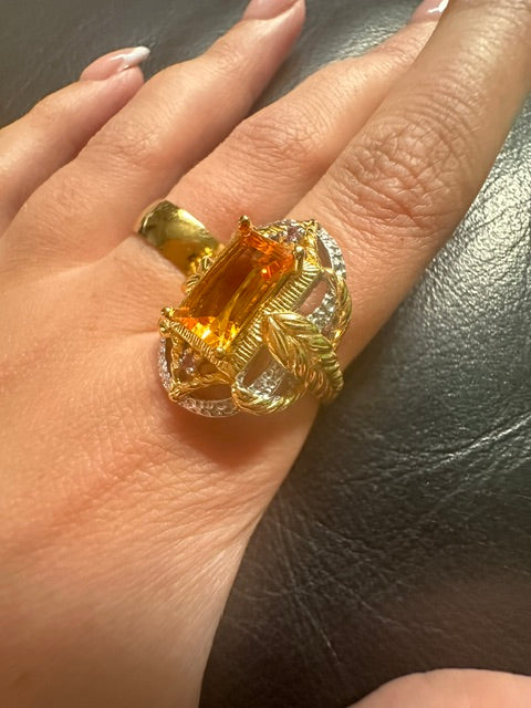 HQ Citrine Sterling Silver 18k Gold Plated Ring - Adjustable
