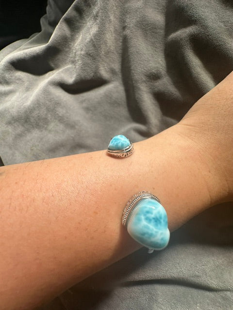 HQ Larimar Double Heart Sterling Silver Bangle - Adjustable