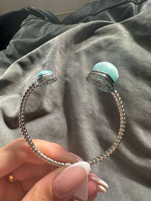 HQ Larimar Double Heart Sterling Silver Bangle - Adjustable