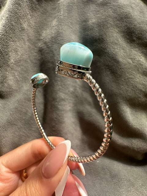 HQ Larimar Double Heart Sterling Silver Bangle - Adjustable
