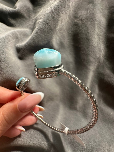 HQ Larimar Double Heart Sterling Silver Bangle - Adjustable