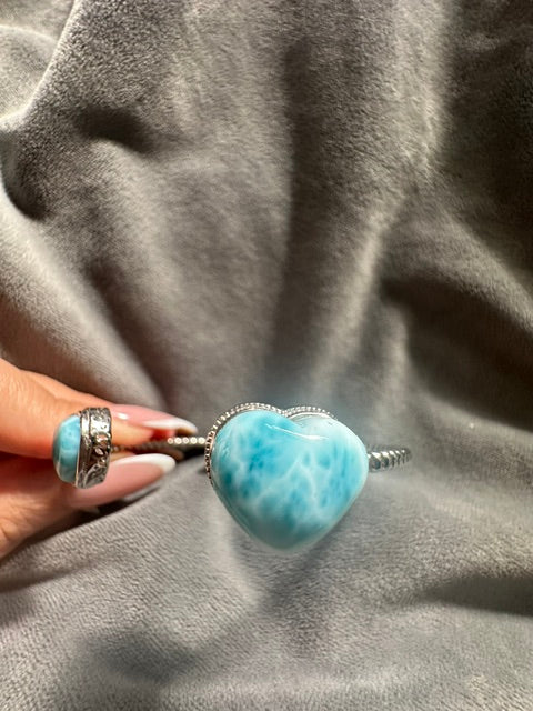 HQ Larimar Double Heart Sterling Silver Bangle - Adjustable