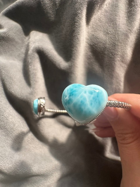 HQ Larimar Double Heart Sterling Silver Bangle - Adjustable