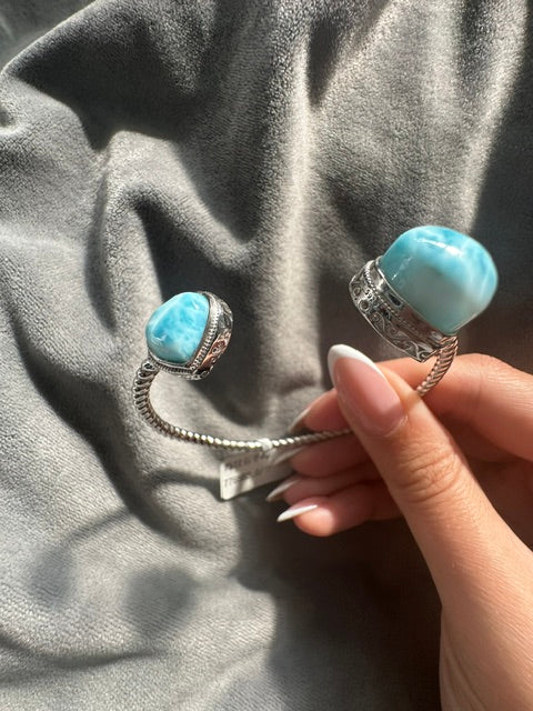 HQ Larimar Double Heart Sterling Silver Bangle - Adjustable