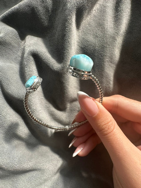 HQ Larimar Double Heart Sterling Silver Bangle - Adjustable