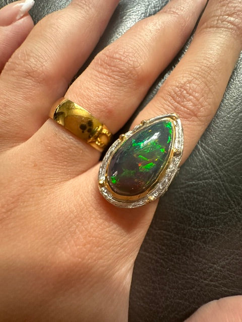 HQ Black Opal Teardrop Ring Sterling Silver with 18k Gold Plating