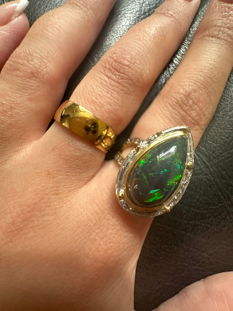 HQ Black Opal Teardrop Ring Sterling Silver with 18k Gold Plating