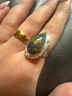 HQ Black Opal Teardrop Ring Sterling Silver with 18k Gold Plating