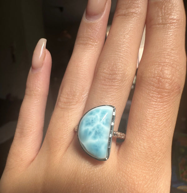 Larimar Sterling Silver Moon Ring - Adjustable